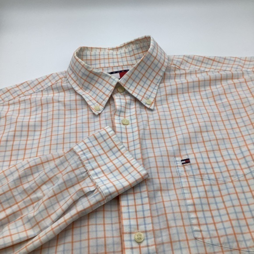 Tommy Hilfiger Mens Long Sleeve Button Up Checkered Shirt Orange & White Sz L.